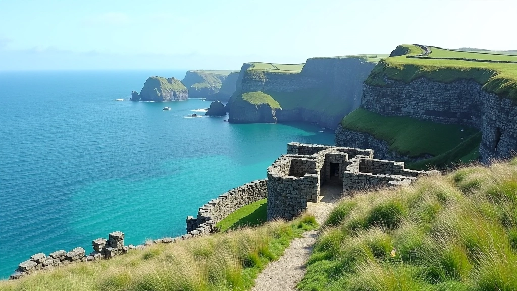 Stone fort walls at Dún Aonghasa with expansive ocean views and dramatic cliffs in background