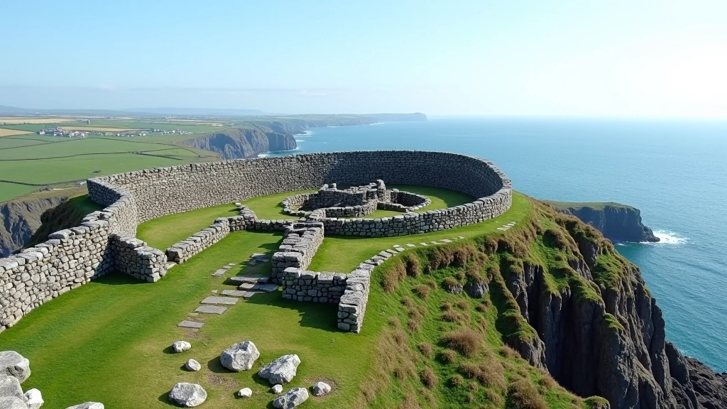 Ancient stone fort ruins with panoramic coastal cliff views, Atlantic Ocean horizon, three-thousand-year-old defensive walls