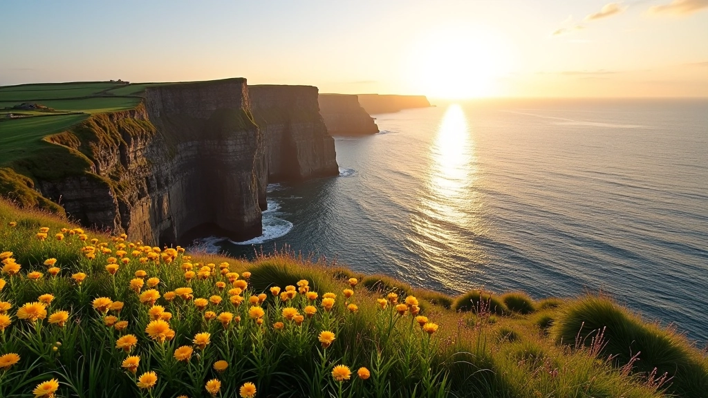 Golden hour lighting on Aran Islands coastal cliffs with native wildflowers and dramatic Atlantic views