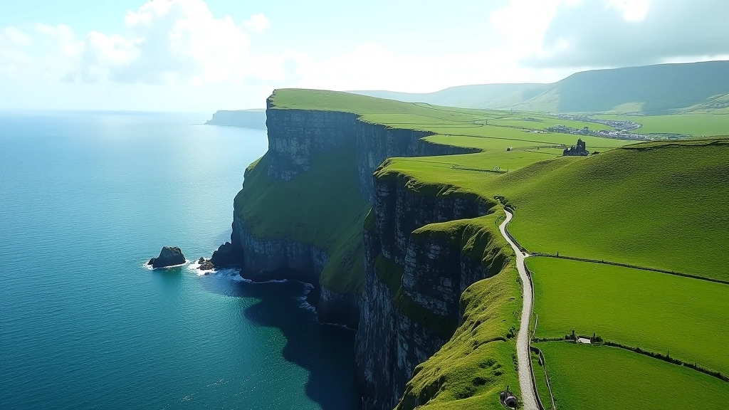Stunning panoramic view of Aran Islands cliffs overlooking the Atlantic Ocean with lush green landscape