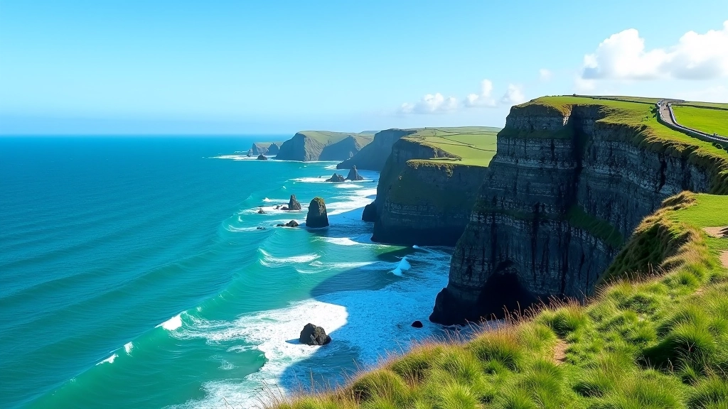 Dramatic coastal cliffs of Aran Islands rising above turquoise Atlantic waters under bright blue sky