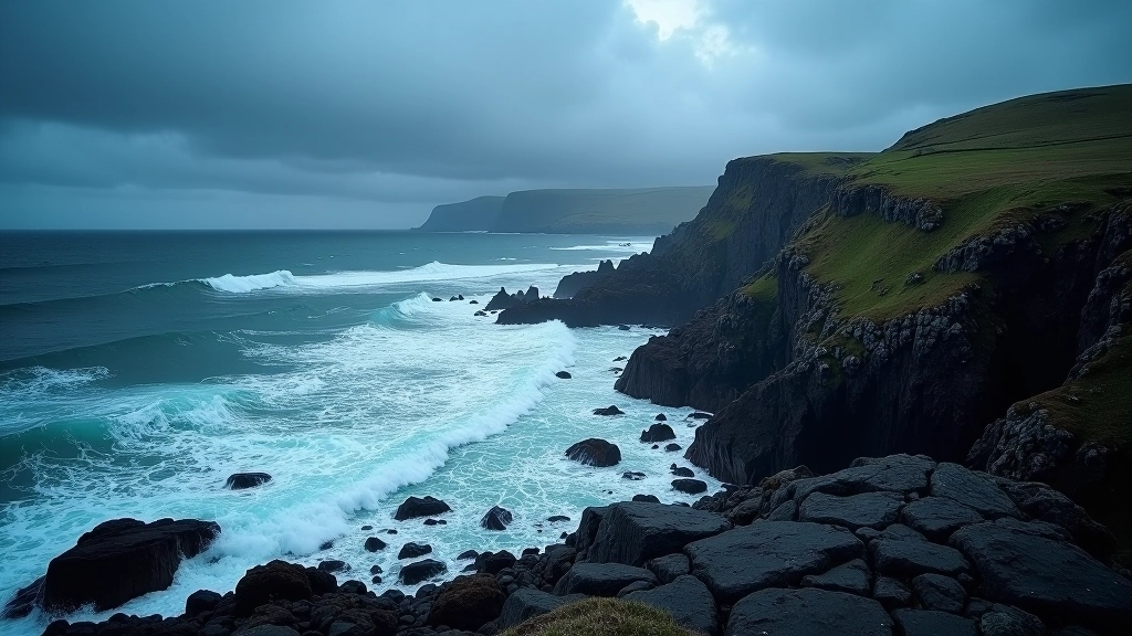 Dramatic stormy Atlantic coastline with dark clouds and white-capped waves crashing against rocky shore, winter seascape