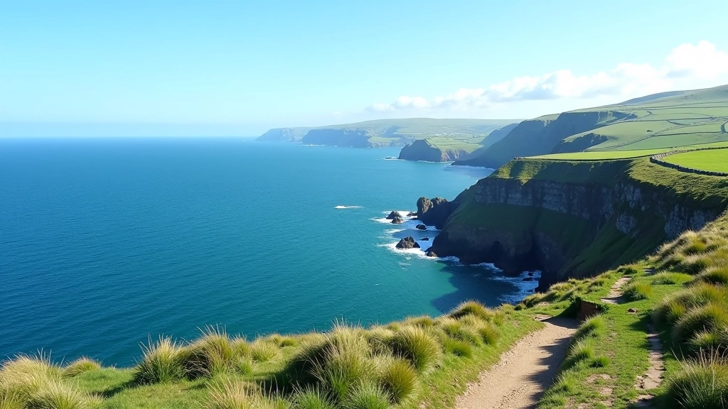 Panoramic view from stone fort ramparts showing Atlantic Ocean and Aran Islands coastline stretching to horizon