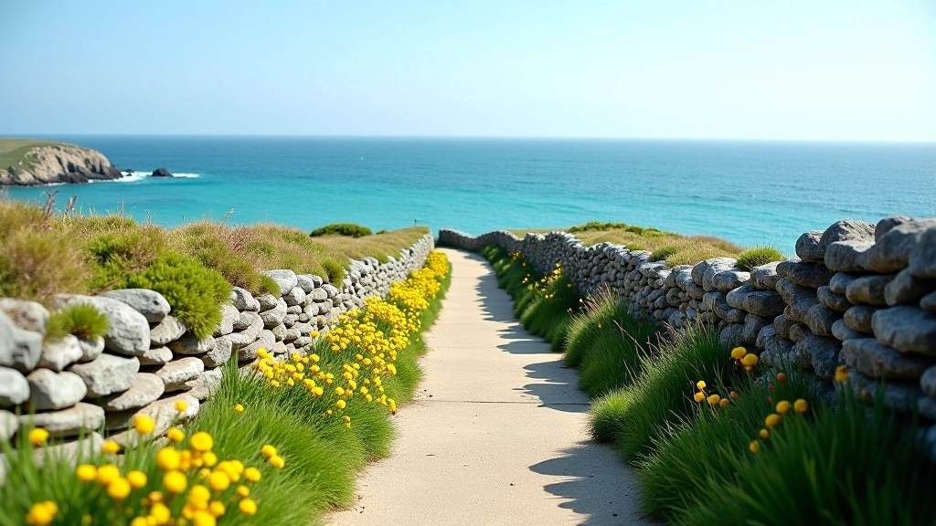 Gentle coastal walking path with wildflowers, ocean views, and weathered stone walls along Aran Islands shoreline