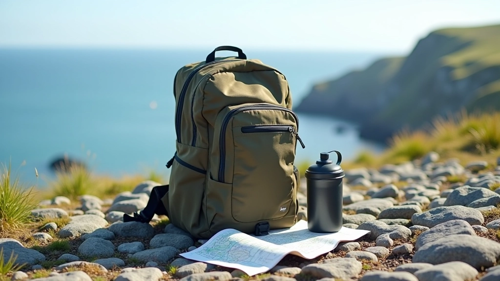 Hiking backpack with water bottle, map, and sun protection gear arranged on rocky ground with ocean backdrop