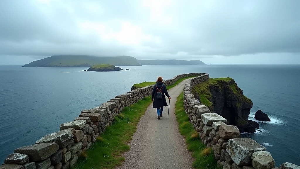Coastal path winding along rocky cliffs overlooking dark Atlantic Ocean, stone walls on both sides, distant islands visible, dramatic sky with clouds