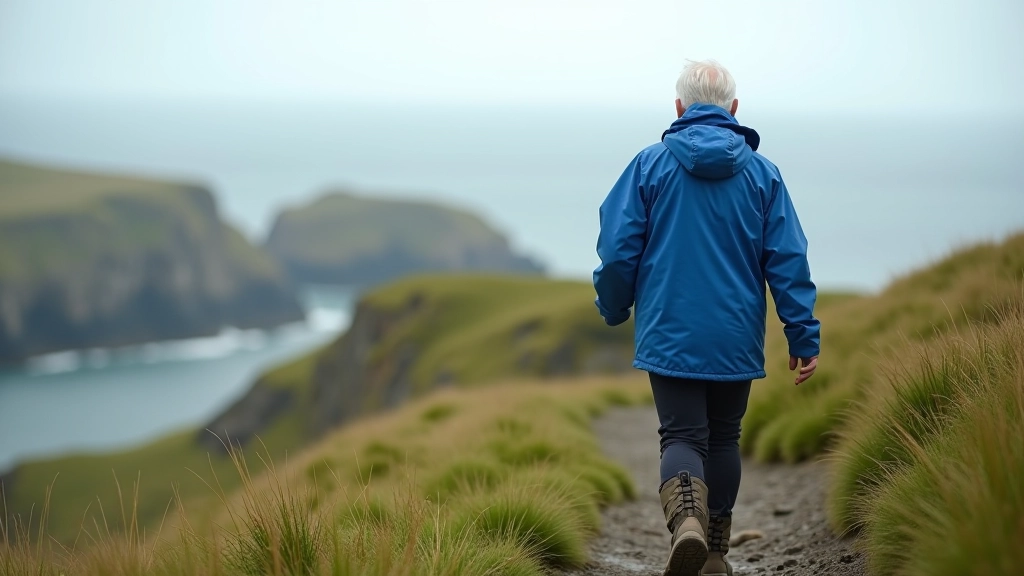 Person in waterproof jacket walking along coastal path with grassy cliffs, wearing proper hiking boots, overcast Atlantic weather