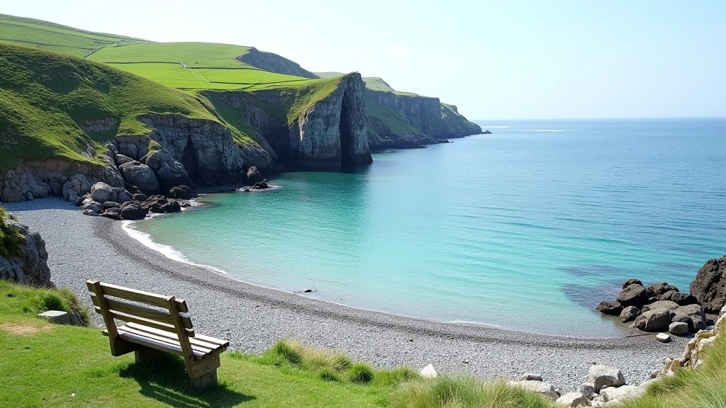Peaceful pebble beach cove with calm waters, grassy cliffs above, and bench seating for rest and relaxation