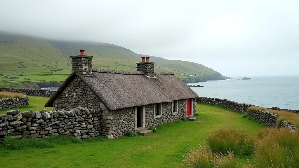 Historic stone cottages set against the green Aran Islands landscape with coastal views