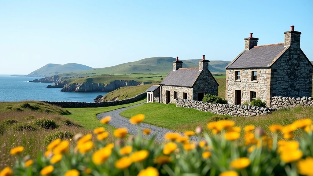 Traditional Irish village stone buildings on Aran Islands with wildflower garden and coastal hills in background