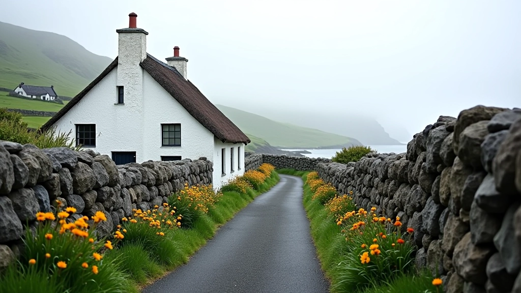 Stone walls lining narrow lane with purple wildflowers, traditional white-painted cottage visible through mist, Aran Islands village setting