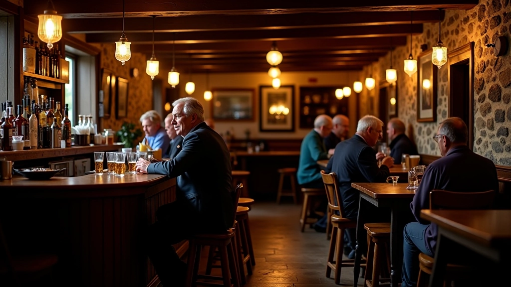 Traditional Irish pub interior with dark wood bar, locals sitting at tables with pints, warm golden lighting from hanging lamps, stone walls