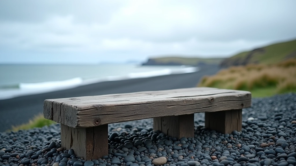 Weathered wooden bench on pebble beach overlooking calm Atlantic waters, overcast sky with dramatic cloud formation