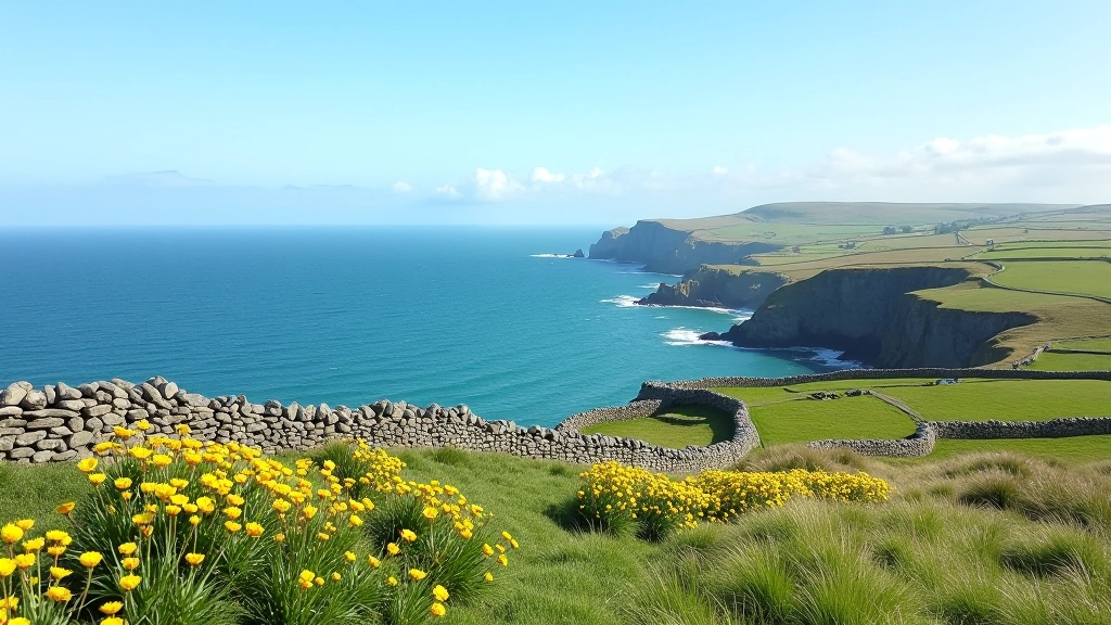 Expansive view of Aran Islands coastal landscape with dramatic Atlantic cliffs, wildflowers, and traditional stone walls under clear sky