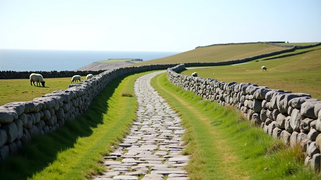 Winding stone path through traditional Aran Islands farmland with ancient dry stone walls, sheep grazing nearby, clear horizon