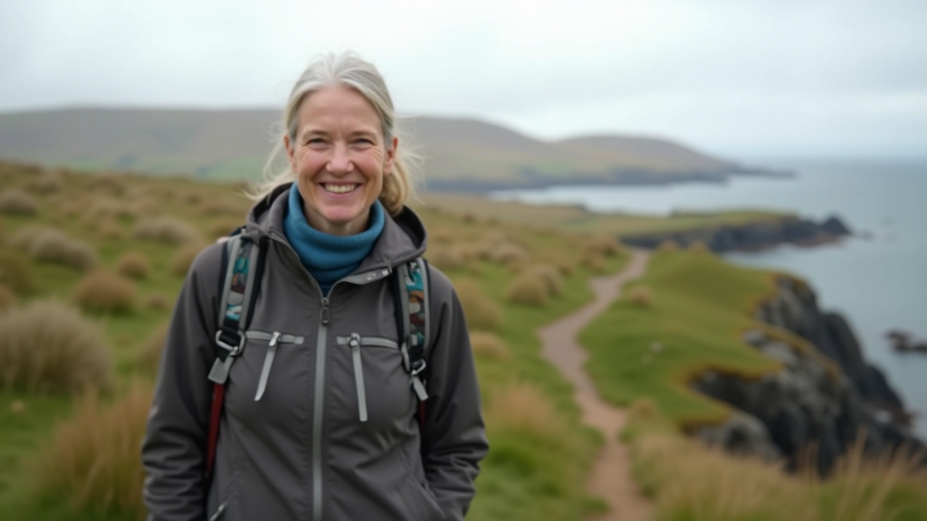 Mature adult woman hiking on stone path, smiling with confidence, traditional Irish landscape, natural daylight